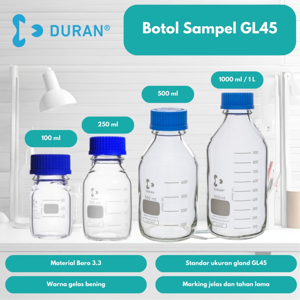 DURAN Bottle Botol Sampel Laboratorium GL45 500 ml Bening Tutup Biru