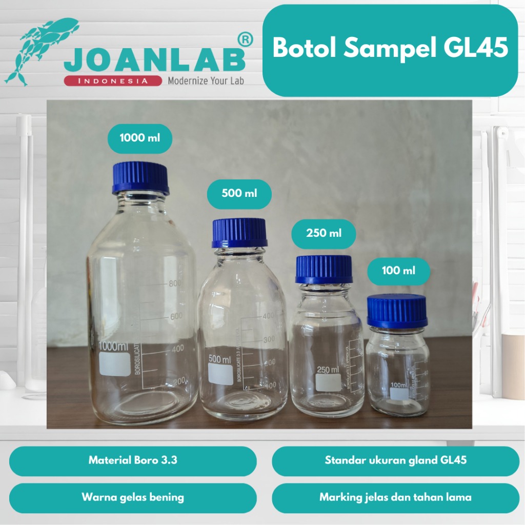 JOANLAB Botol Reagen Kaca GL45 100 ml Bening Tutup Biru